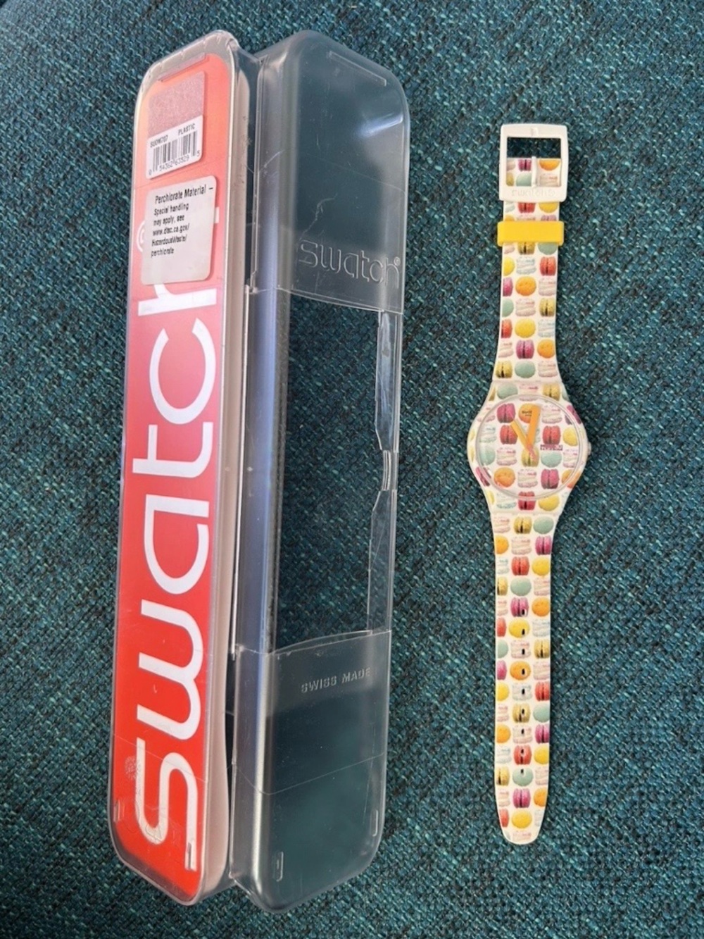 Swatch Macaron Pattern Silicone Watch in Pastel Yellow and Multicolor